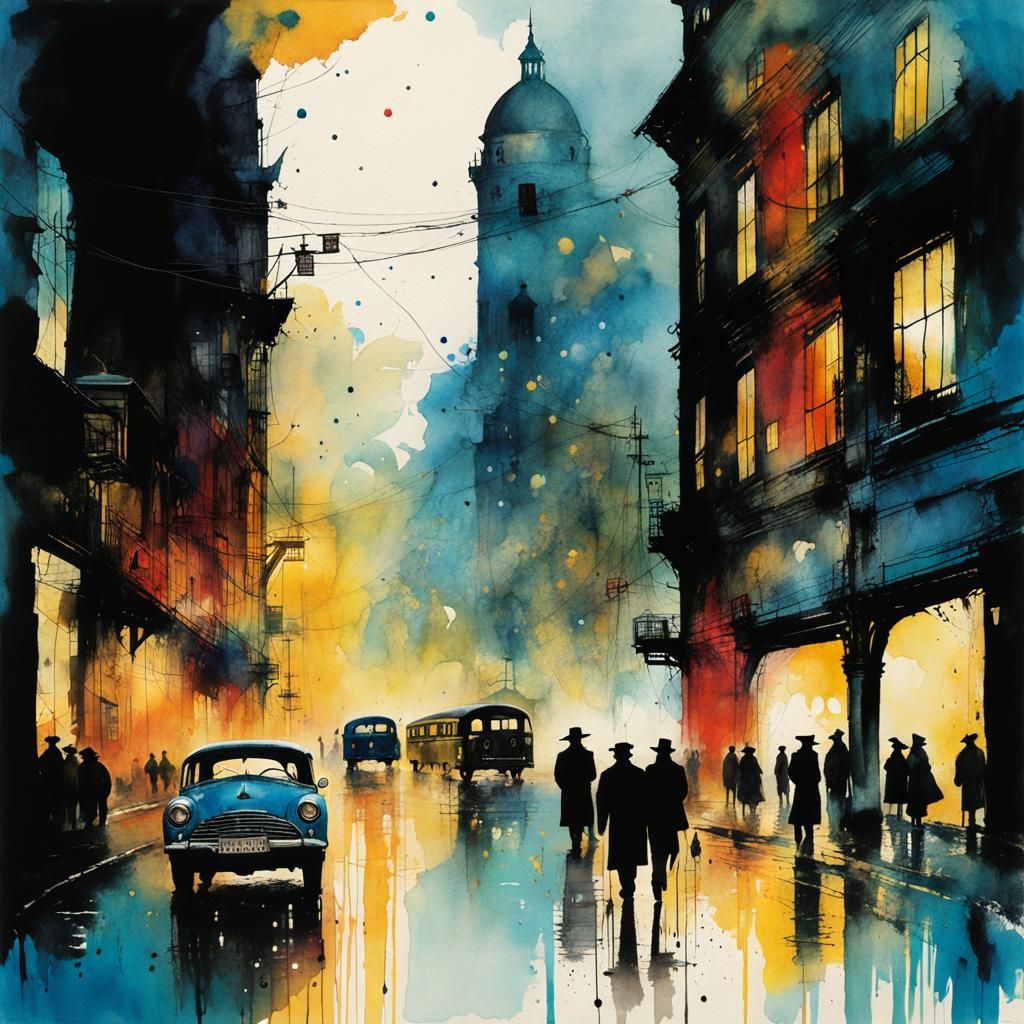 Vibrant Urban Fantasy Scene in Stylized Watercolor Art
