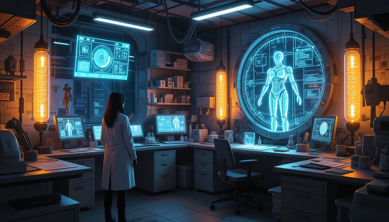 Cyberpunk Lab with Robotic Limbs and Mana-Tubes