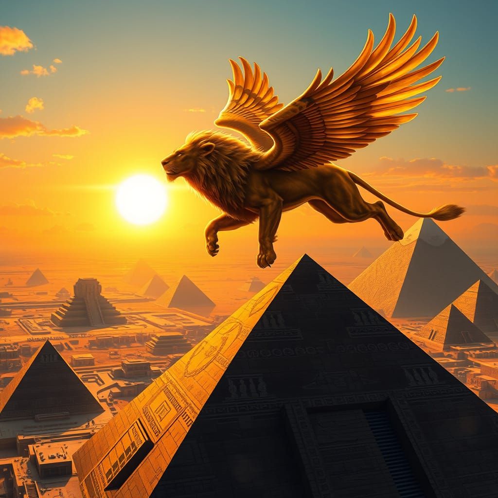 Majestic Winged Lion Soars Over Ancient Egyptian Pyramids