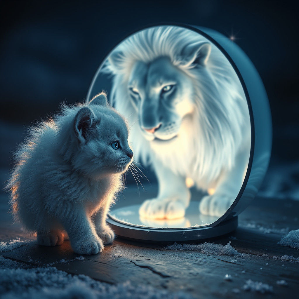 A White Cat Faces Its Majestic Lion Reflection in a Mystical...