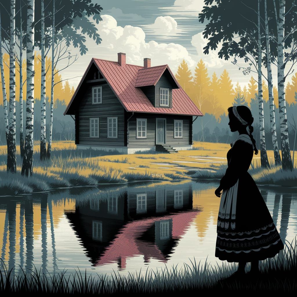 Lithuanian Woman in Birch Forest: Double Exposure Art