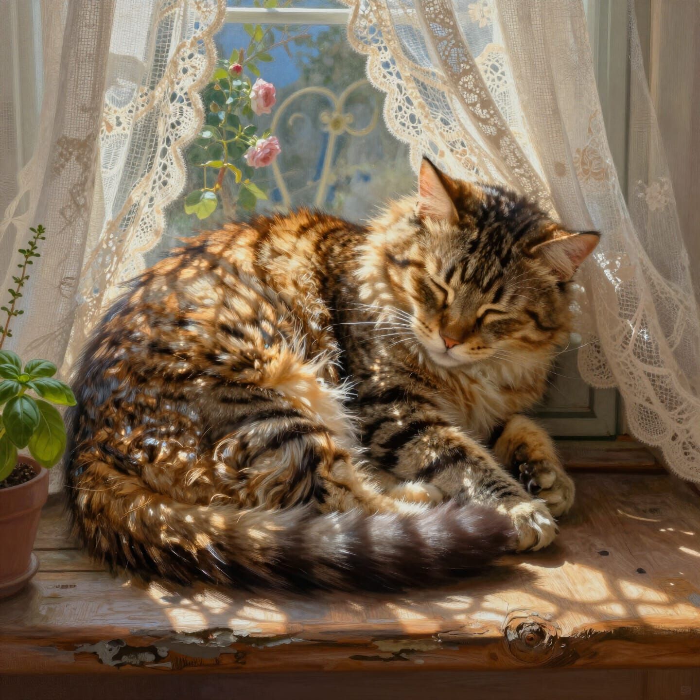 Tabby Cat Sleeping in Dappled Sunlight
