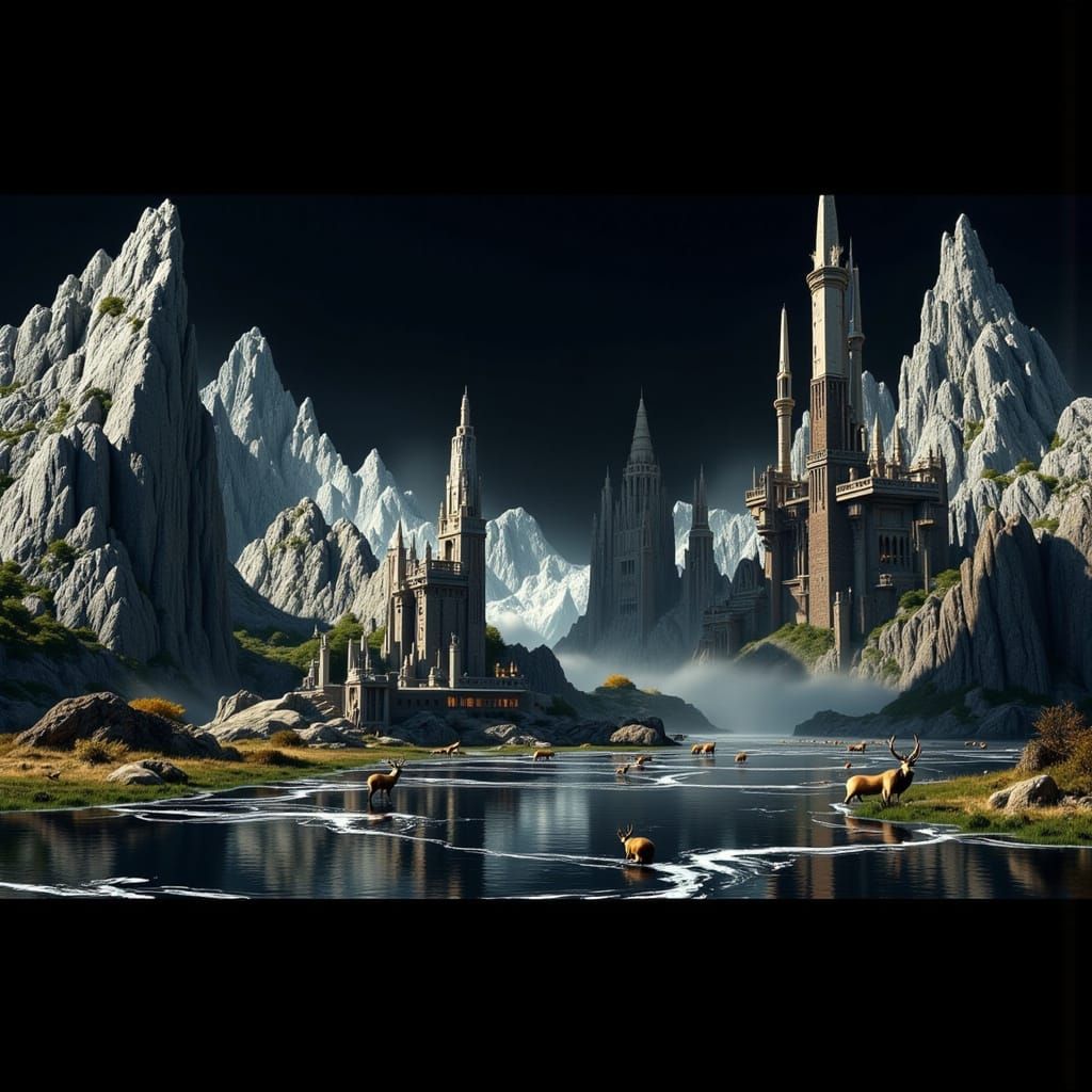 Photorealistic Harbor Scene with Misty Mountains