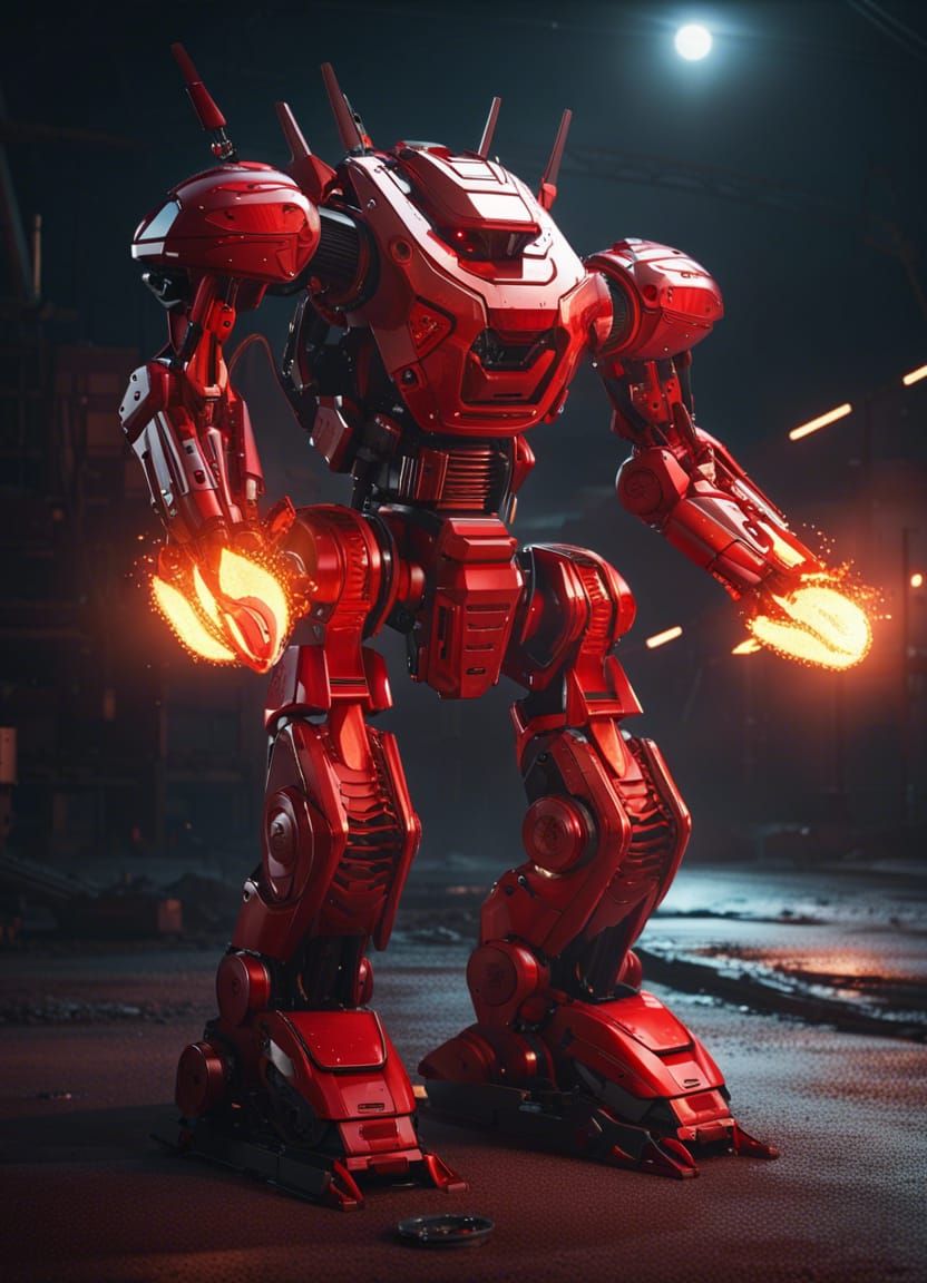 Giant Red Mech Unleashes Blazing Fury in the Night