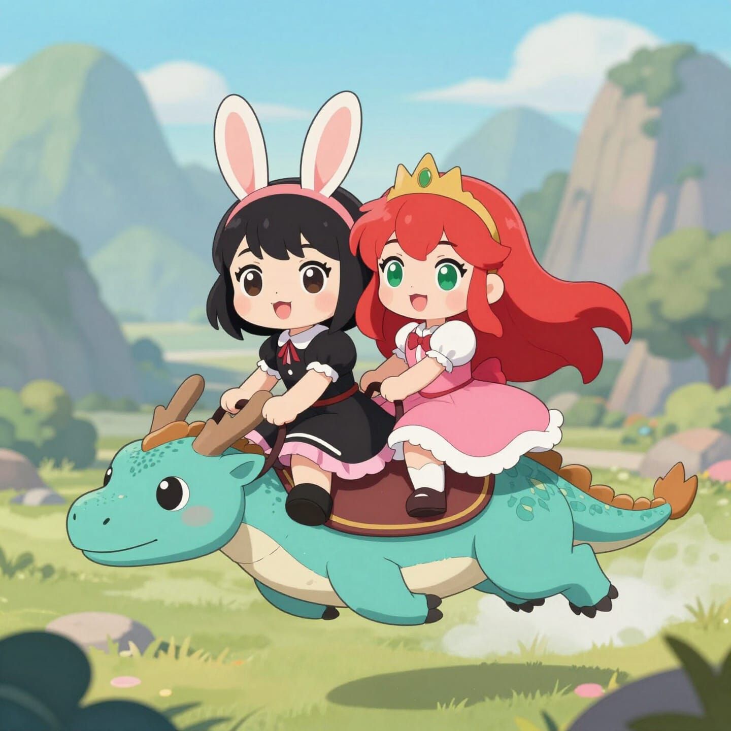 Chibi Characters and Dragon in Manga Style Adventure
