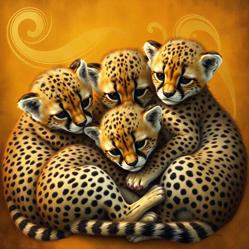 Cheetah Cubs in Opulent, Art Nouveau-Inspired Scene