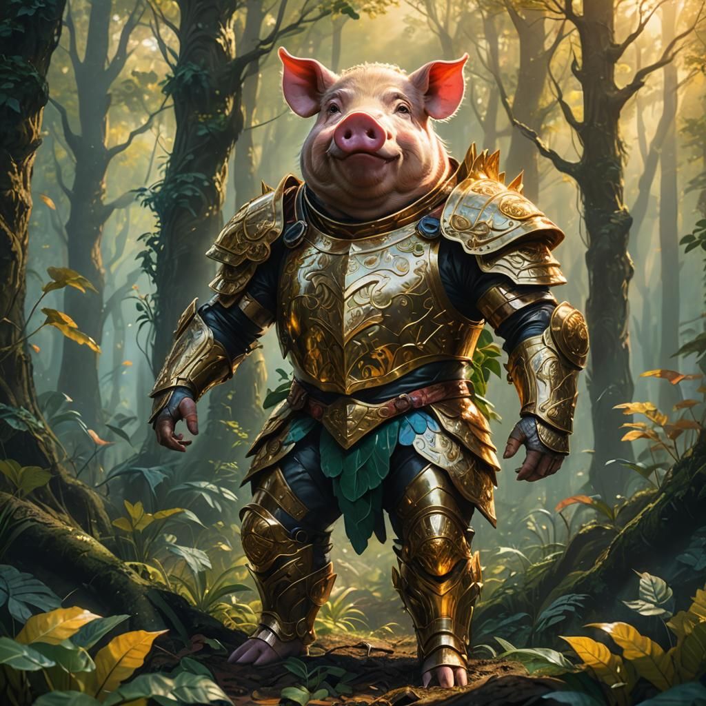 Golden Pig in Vibrant Forest, Fantasy Art Nouveau Style