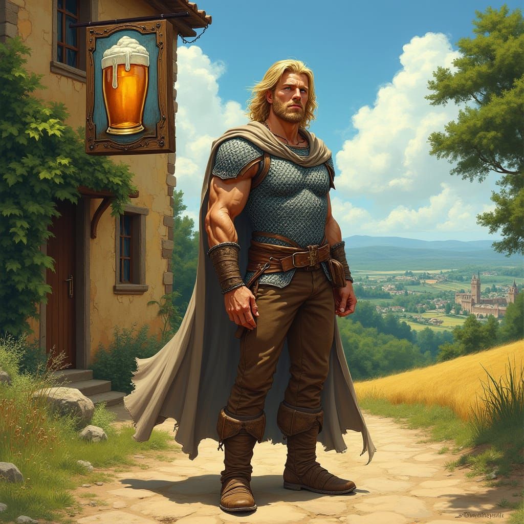 Rugged Warrior Stands Before Charming Rustic Inn in Sunset L...