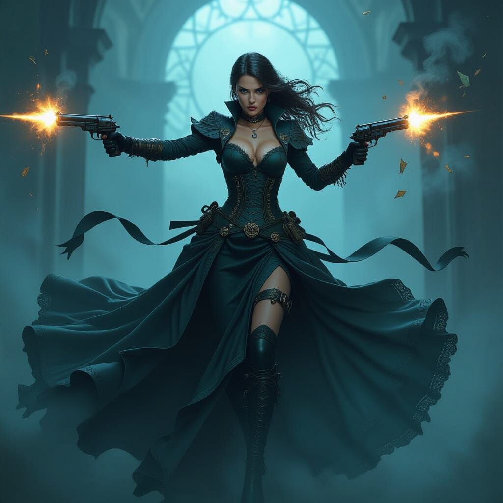 Lara Croft in Gothic Gown Flying with Pistols