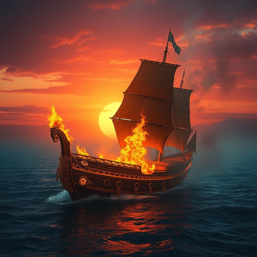 Ancient Sailing Vessel Engulfed in Fiery Inferno