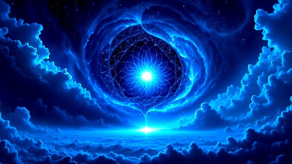 Ancient Cosmic Entity in Dreamlike Azure Expanse