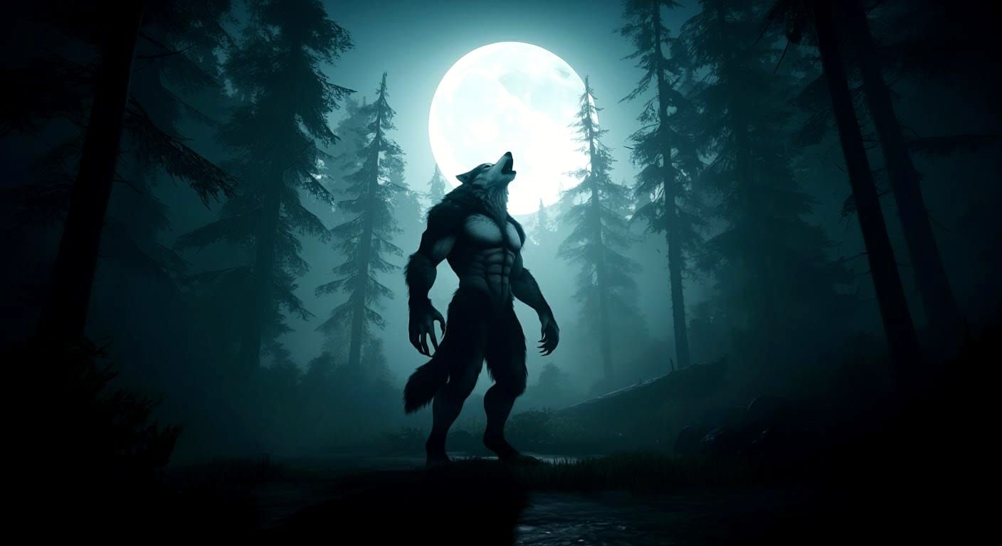 Moonlit Werewolf Transforms in the Foggy Forest
