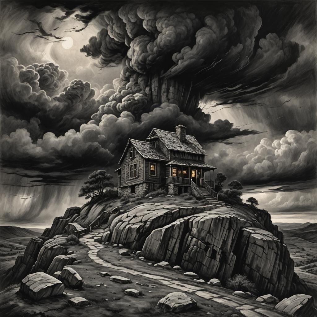 Rustic Shelter Amidst Stormy Skies, Charcoal Drawing in Dark...