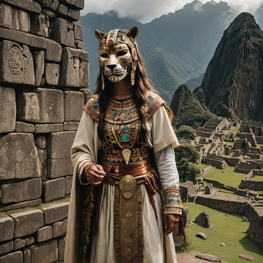 A priestess wearing a Pre-Columbian jaguar mask and standing...