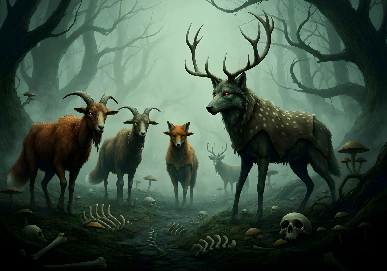 Eerie Gothic Art of Animal Impostors in Foggy Forest