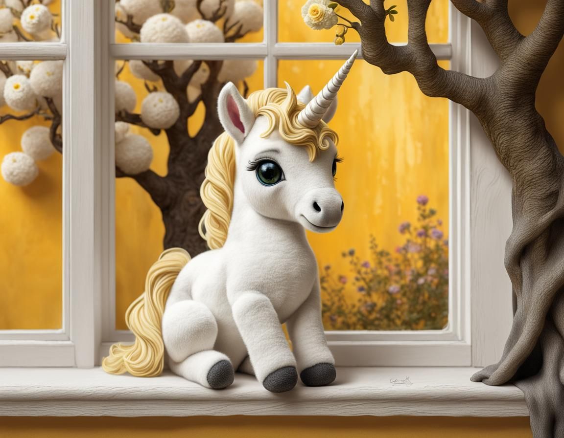 Surreal Baby Unicorn in Yellow Room Gazing at Nature