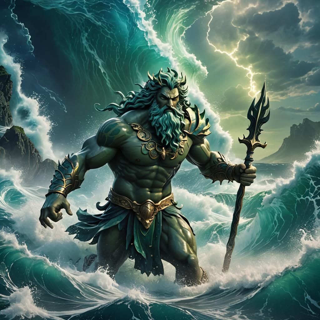 Poseidon, God of the Sea, in 3D Anime Art