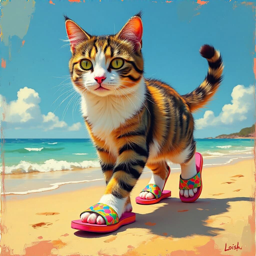 Cat in Sandals on a Sunny Beach, Whimsical Style