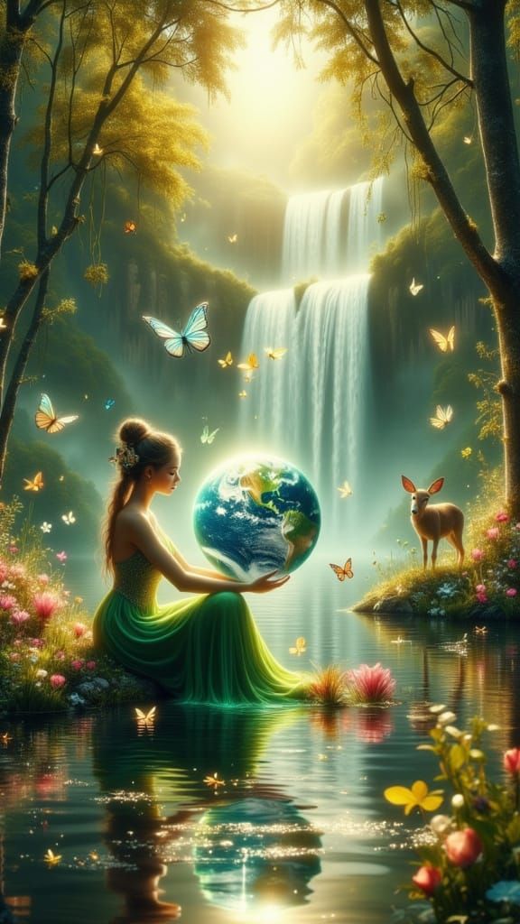 Woman Meditates With Glowing Earth in Magical Nature Scene
