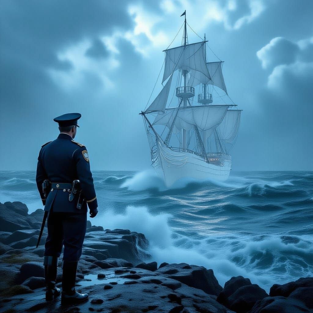 Ghost Ship Approaches Officer on Stormy Peninsula