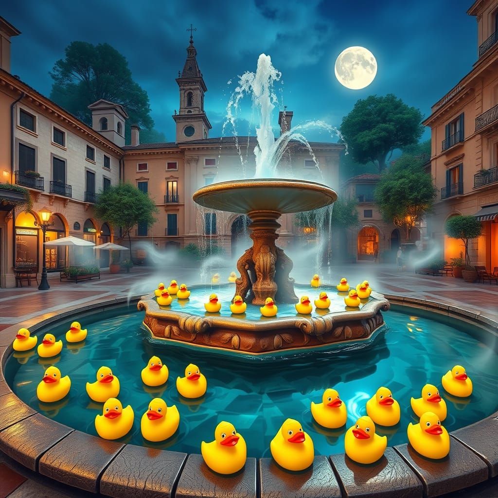 Vibrant Rubber Ducks Adrift in a Whimsical Italian Piazza
