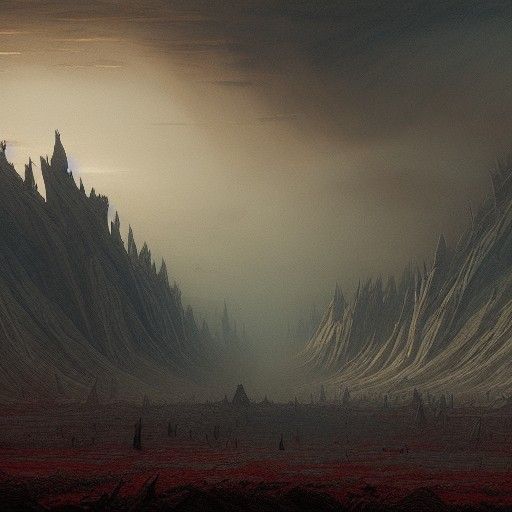 Surreal Horror Landscape with Colourful Monster Skeletons