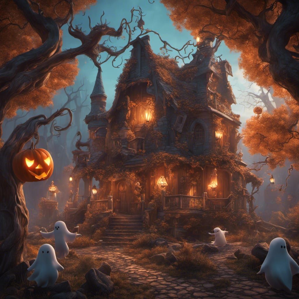 Whimsical Ghostly Trick-or-Treater in Vibrant Fantasy Scene