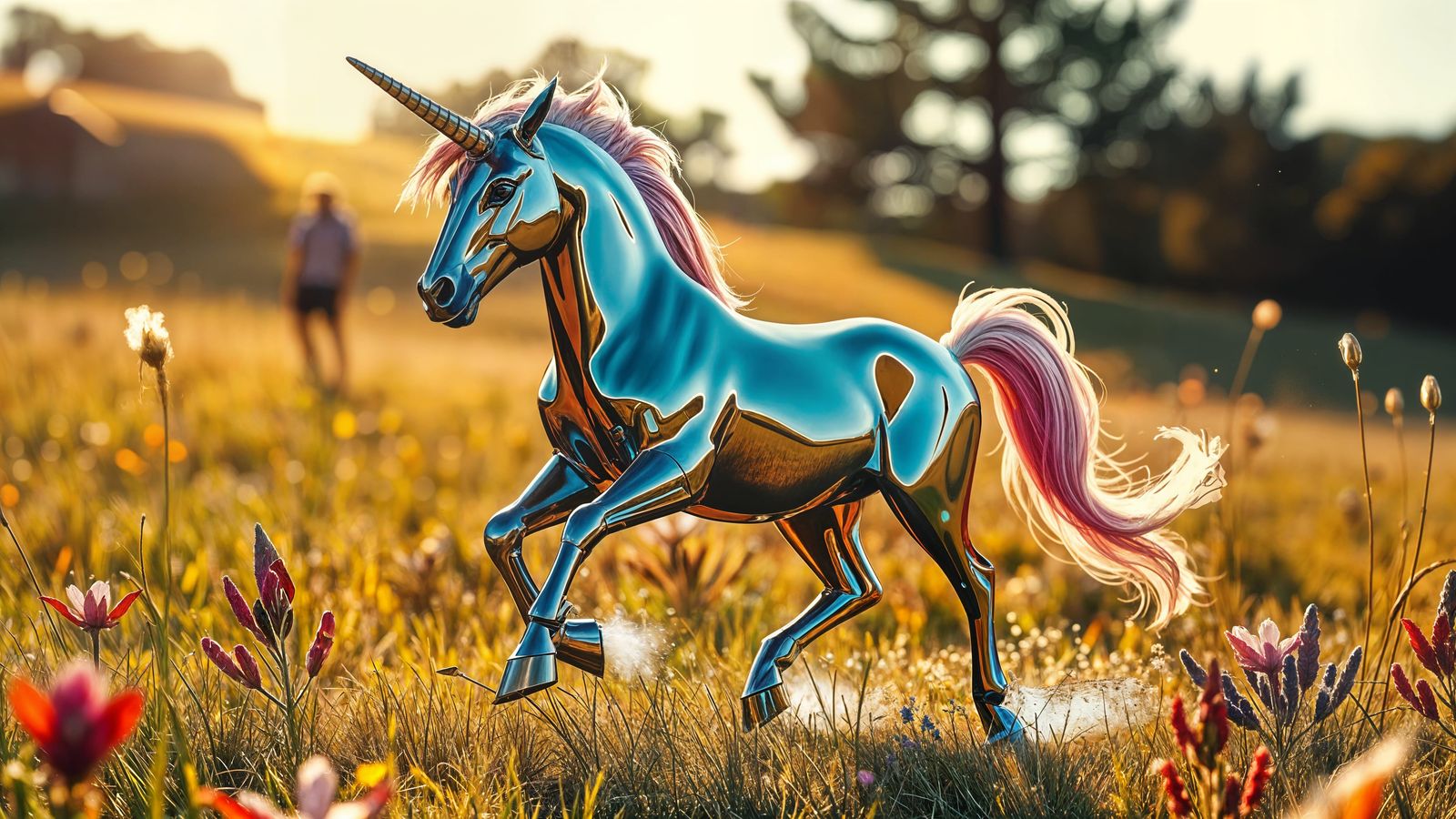 A Chrome Unicorn Dances in a Vibrant Futuristic Meadow