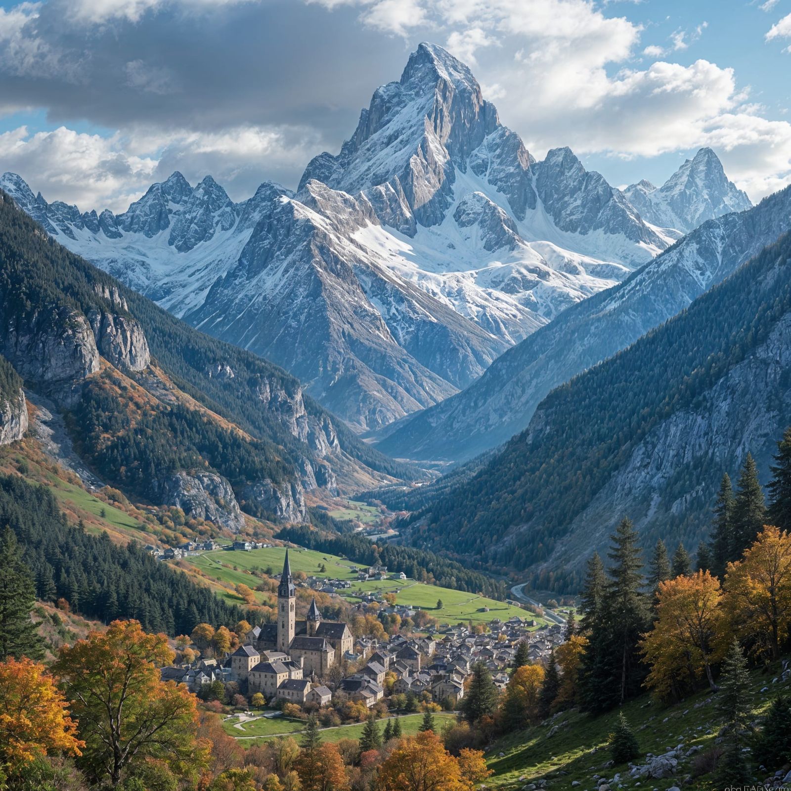 Fantasy Mountain Landscape with Medieval Villages