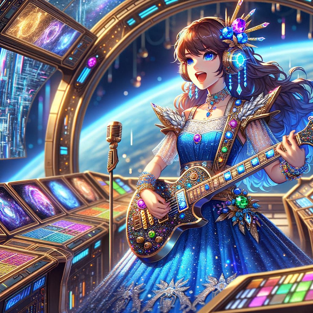 Anime Woman Strums Celestial Guitar on Starship Bridge