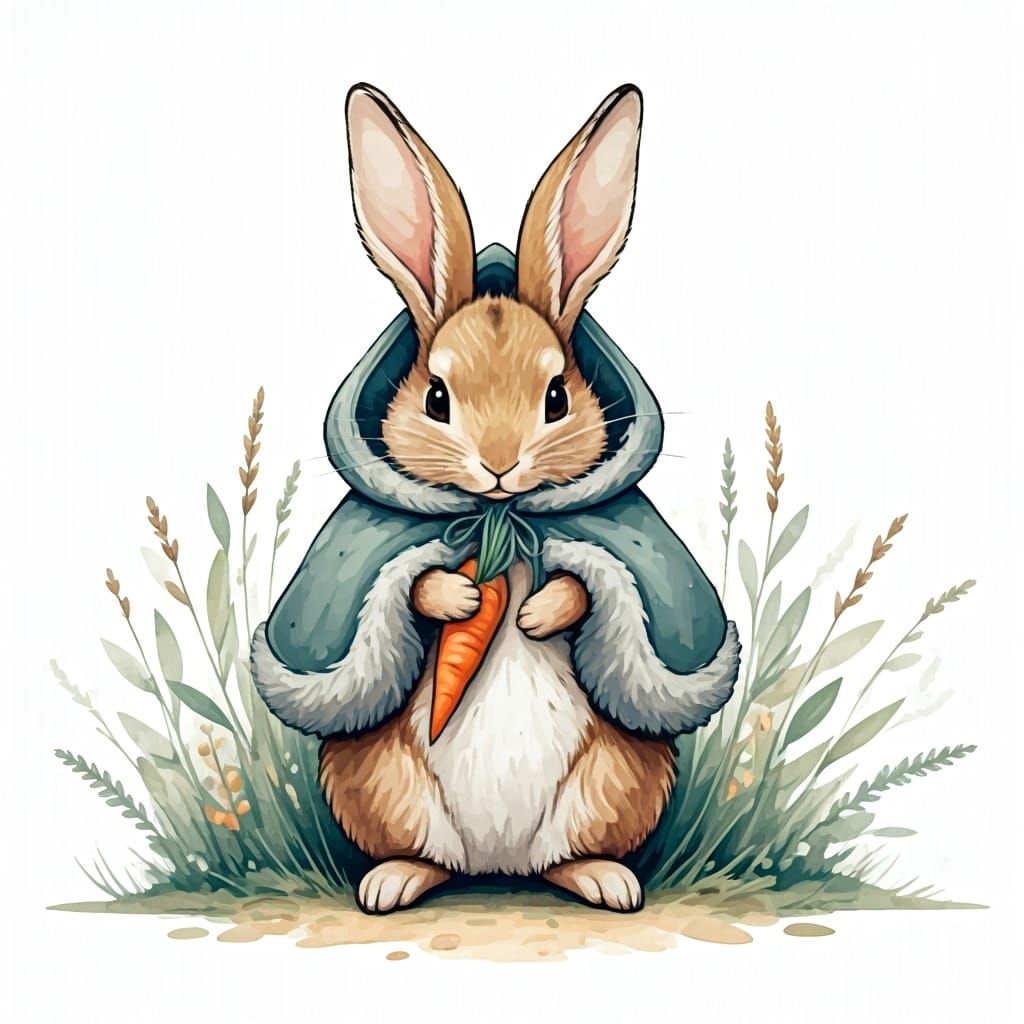 Whimsical Rabbit in Forest, Watercolor Illustration