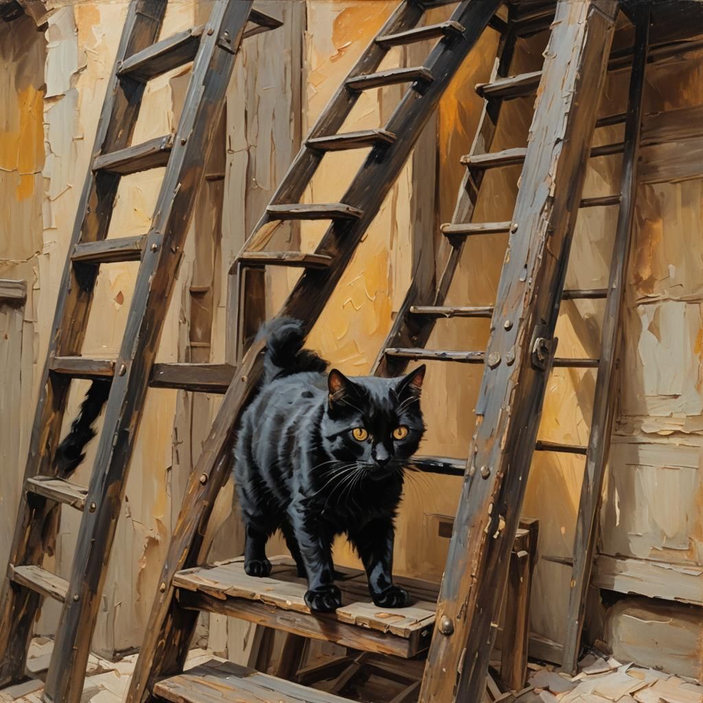 Lively Black Cat Under a Ladder in Warm Golden Light