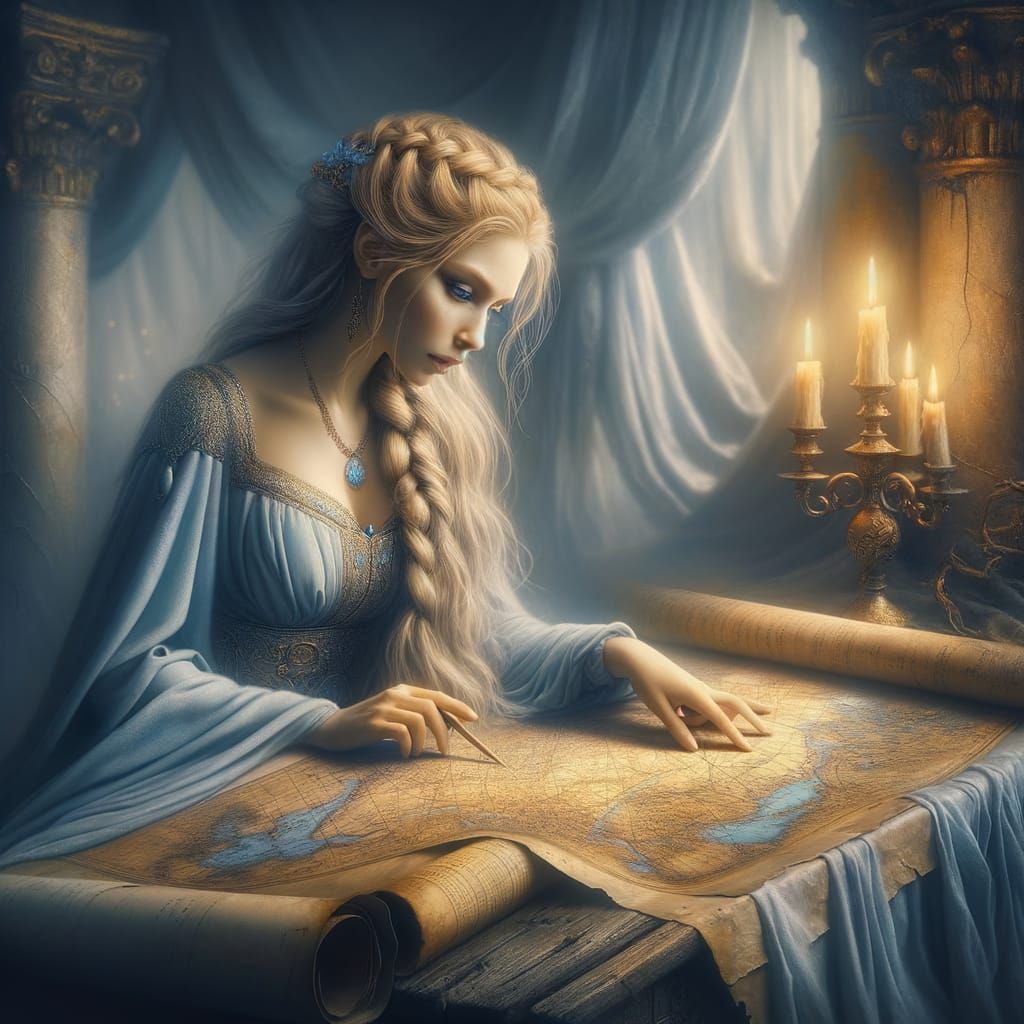 Norse Goddess Consults Map in Blue and Gold