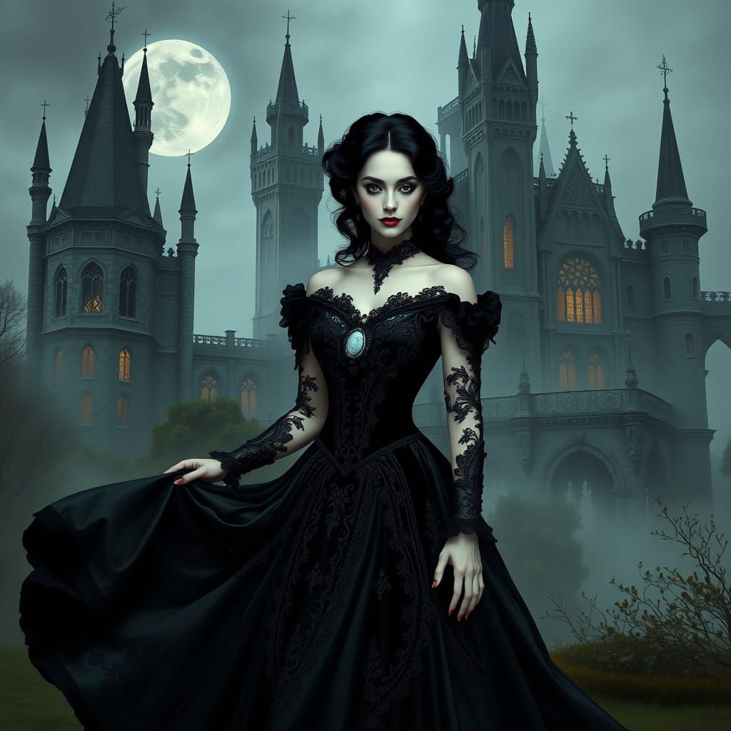 Ethereal Gothic Beauty Amidst Majestic Castle Ruins