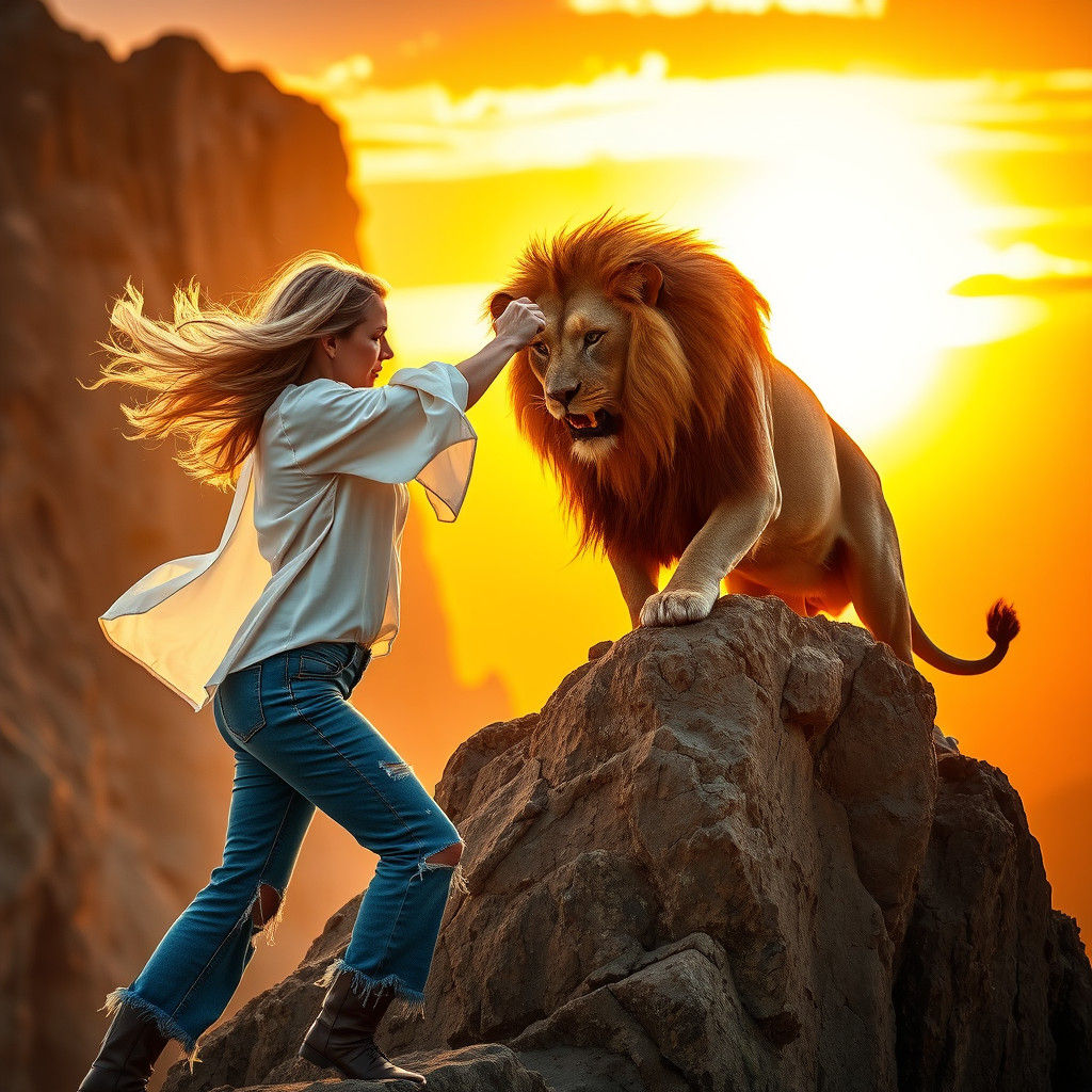 Fearless Blonde Woman Battles Majestic Lion in Sunset Glory