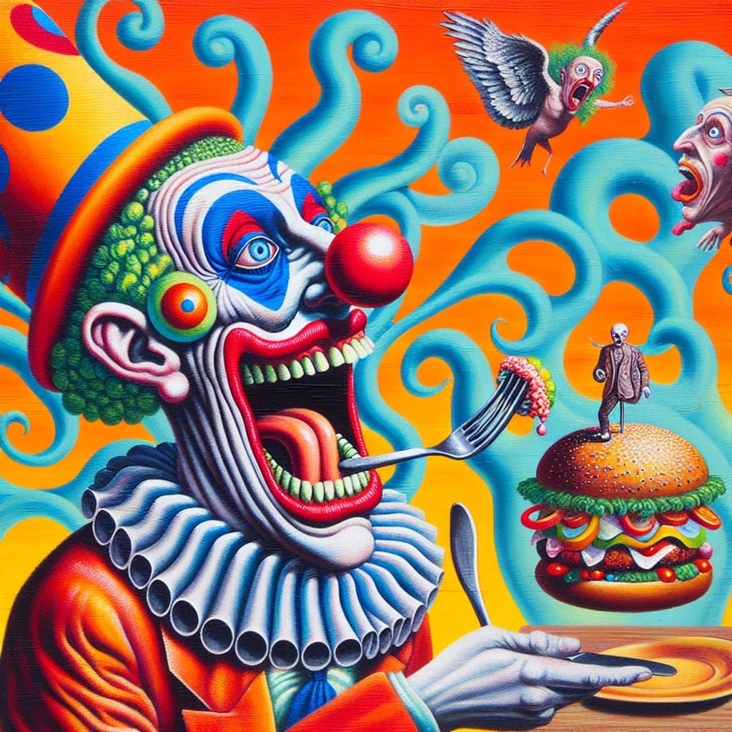 Surreal Clown Enjoys Bizarre Whimsical Hamburger