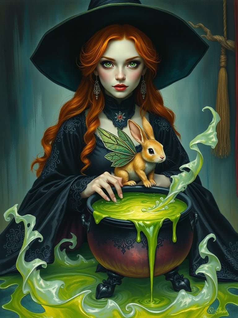 Whimsical Witch in Mystical Black Gown with Emerald Eyes