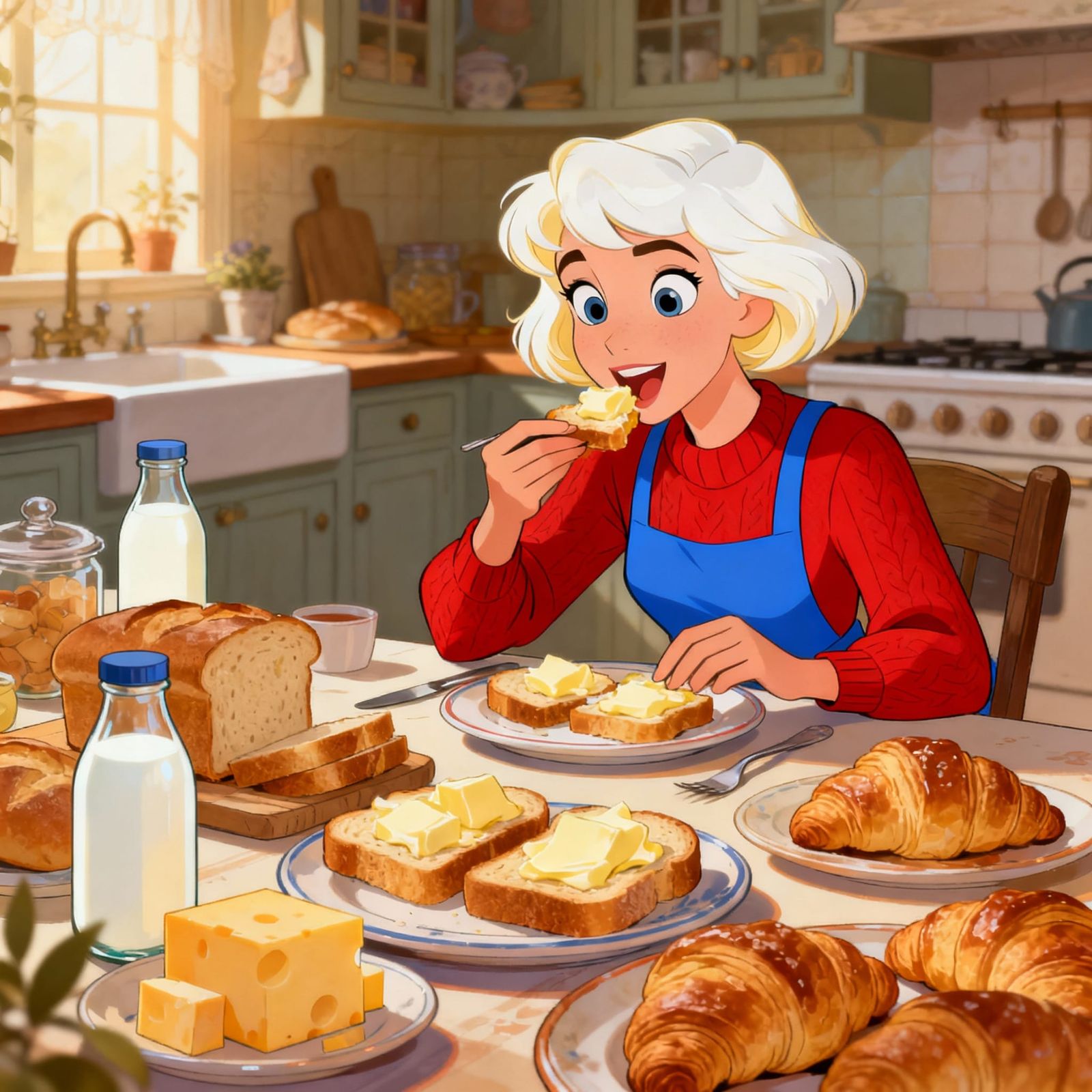 Whimsical Storybook Blonde Woman Enjoys Abundant Feast