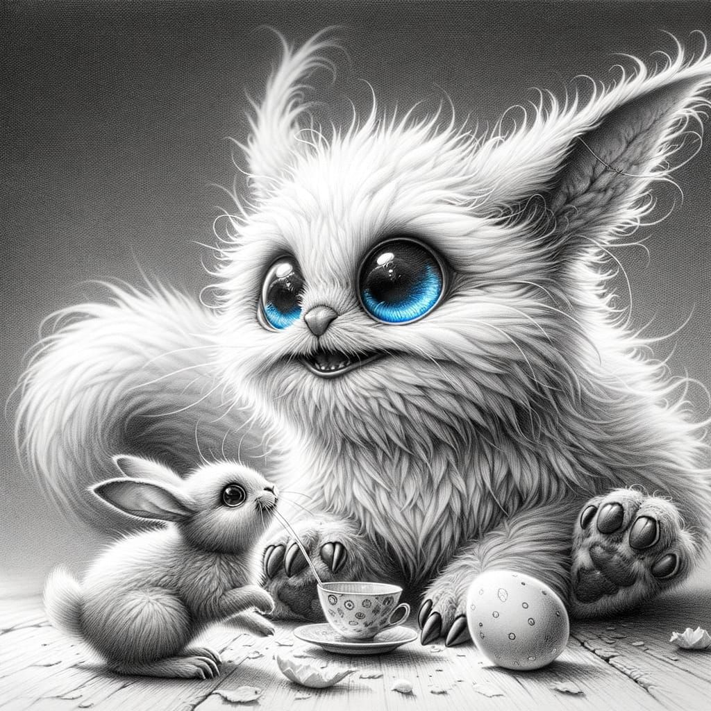Gentle Fantasy Creature Plays with Tiny Easter Bunny Friend