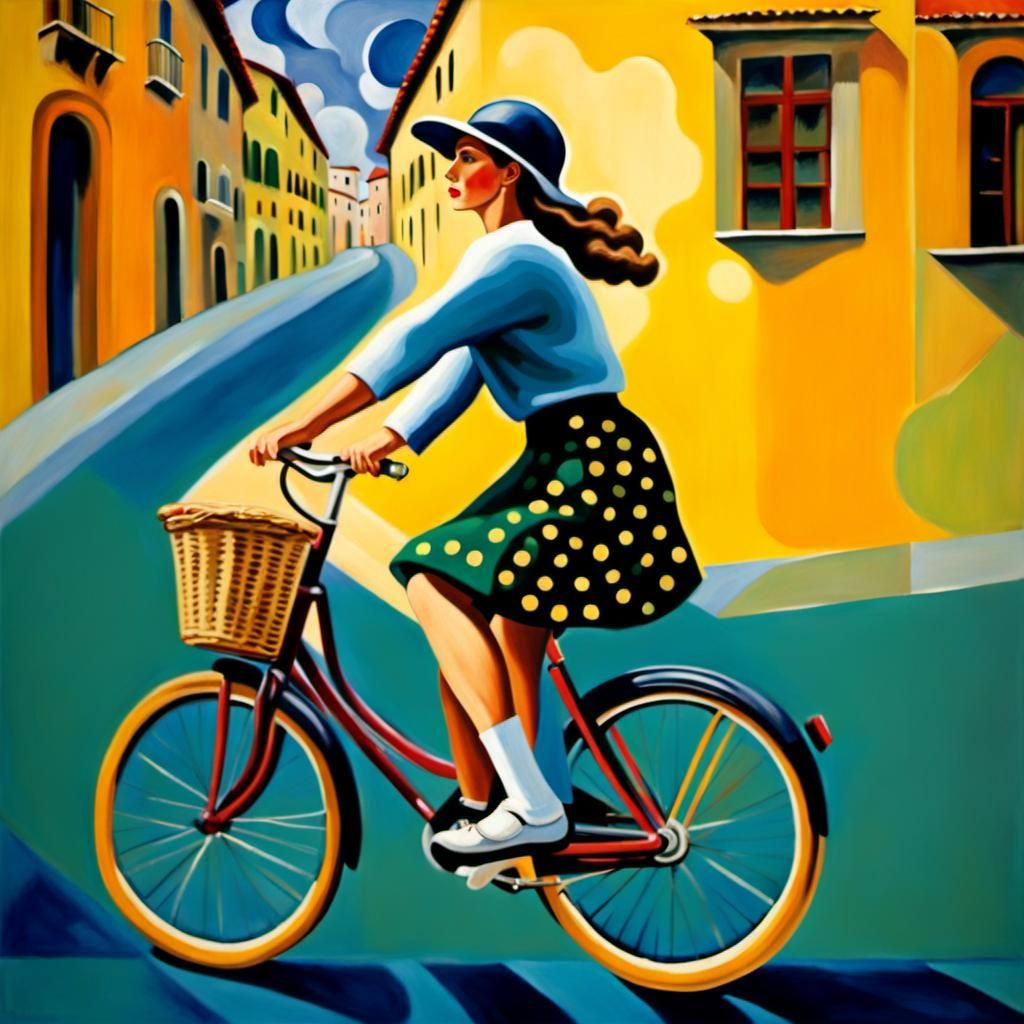 Vibrant Woman Cyclist in Neo-Impressionist Oil Painting