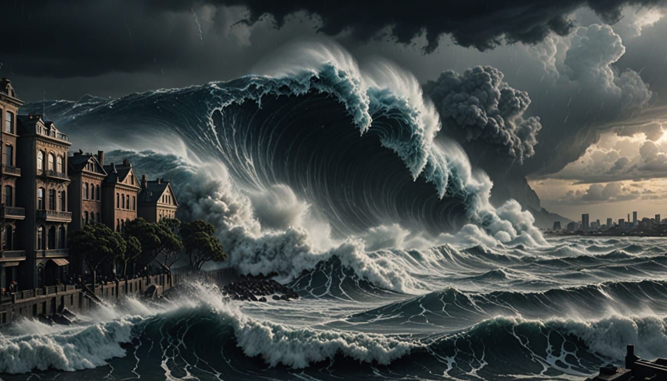 Gigantic Tidal Wave Towers Over Cityscape