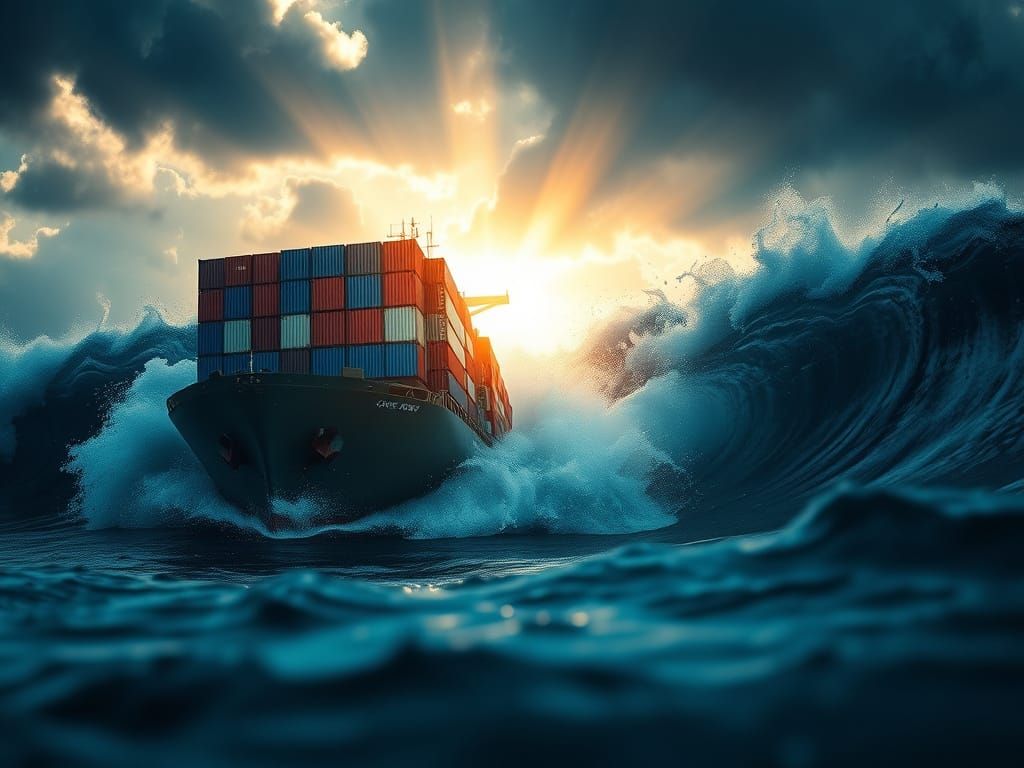 Container Ship Versus Giant Wave: Dramatic Ocean Scene