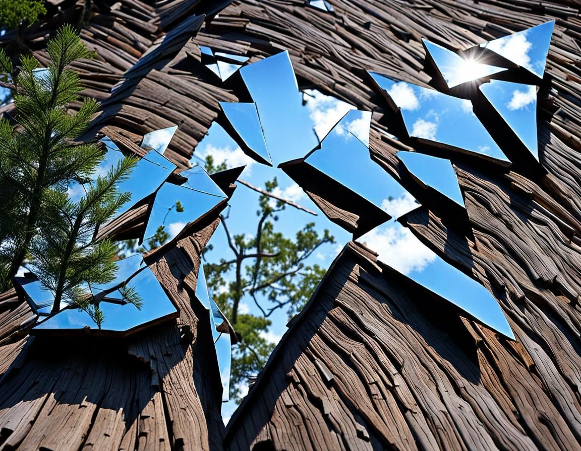 Driftwood and Glass Sculpture in a Vibrant Cyberpunk Aesthet...