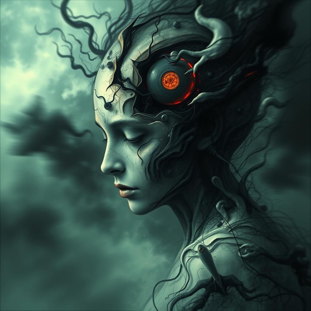 Surreal Dreamscape in Dark Cyberpunk Aesthetic