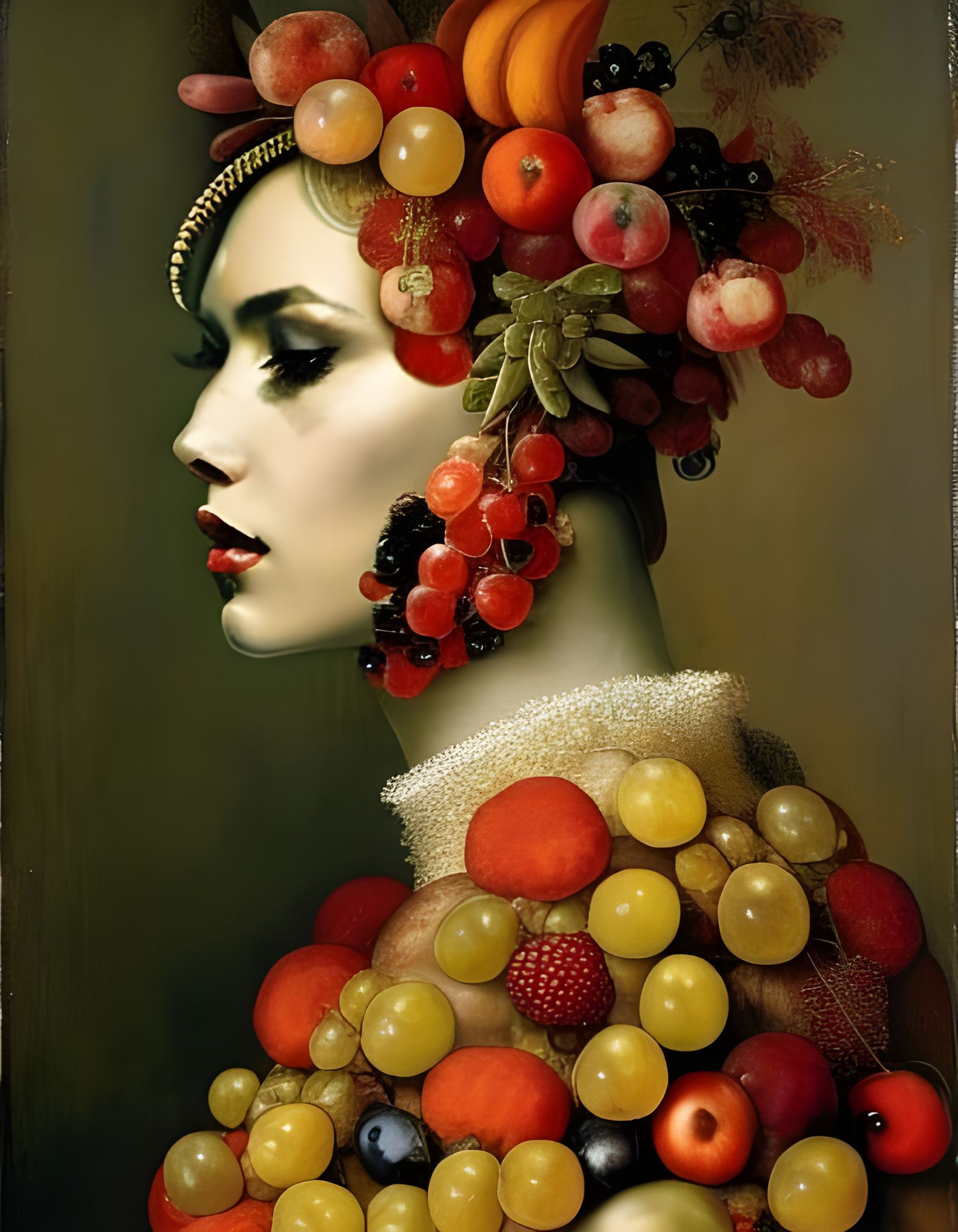 Vibrant Goddess of Fruity Abundance in Textured Oil on Canva...