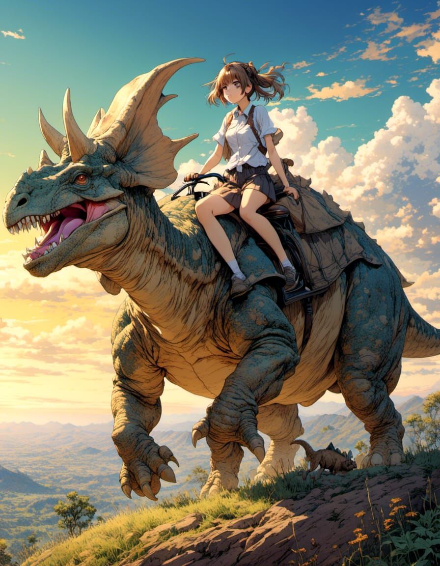 Girl Riding a Majestic Triceratops in Vibrant Anime Style