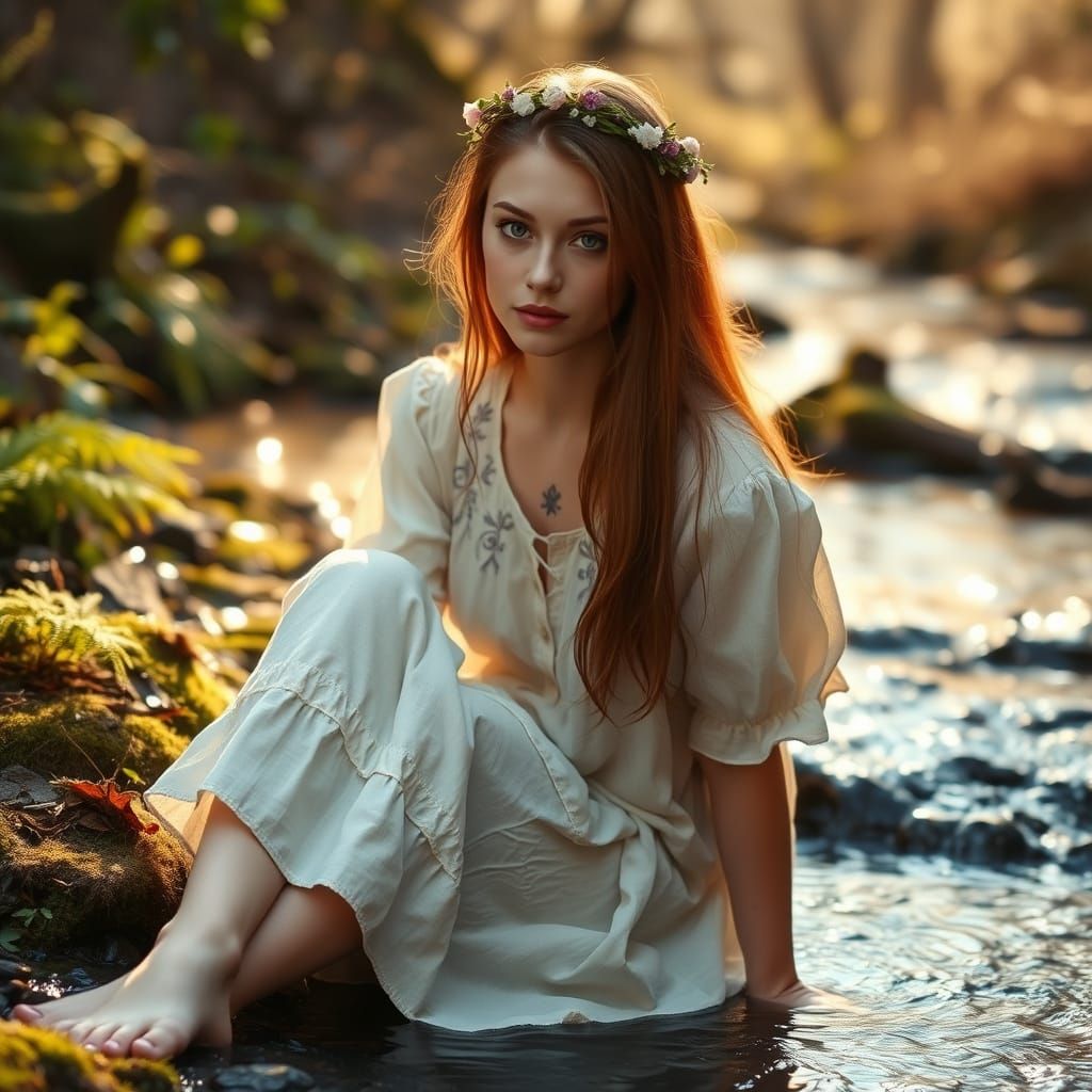 Slavic Woman by Woodland Stream, Beksiński Style