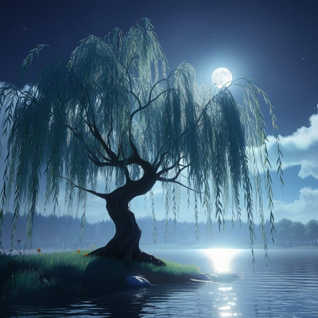 Majestic Weeping Willow Tree in Serene Moonlit Scene