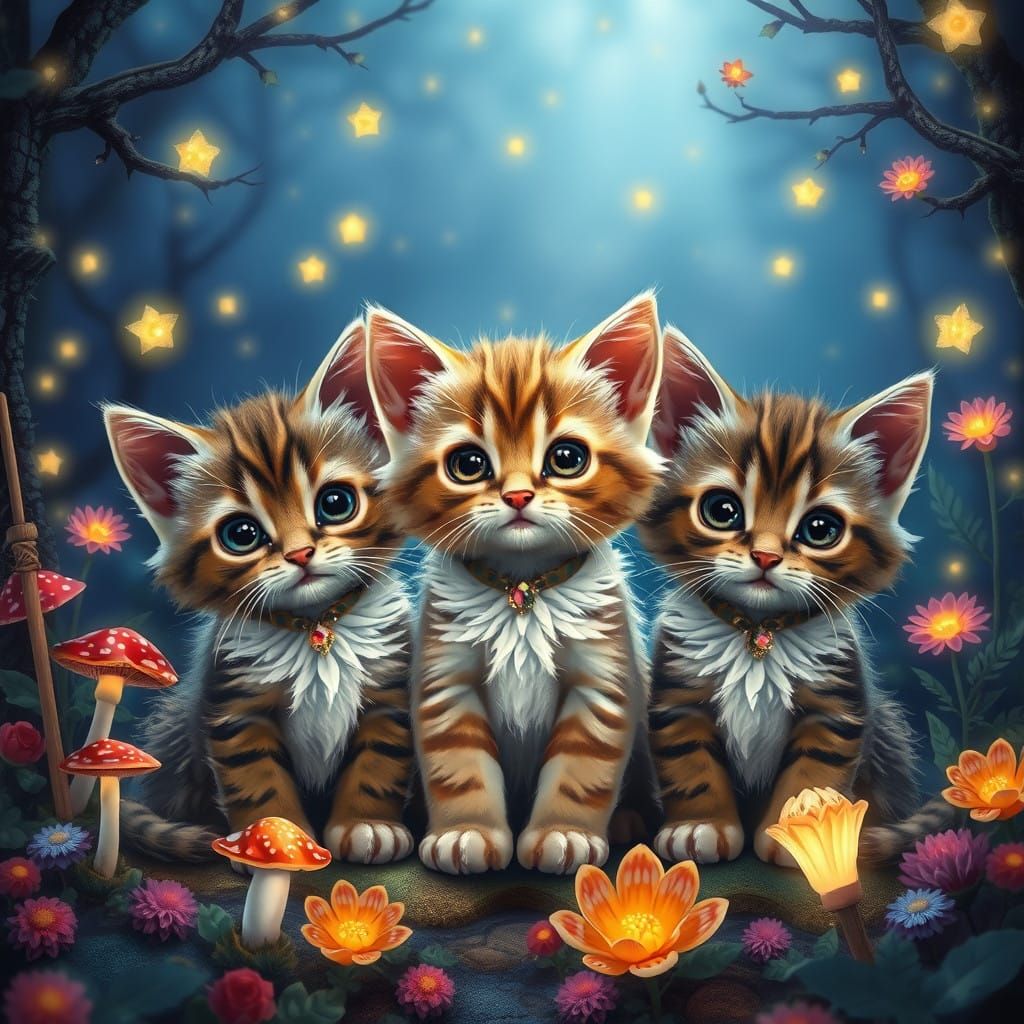 Whimsical Kittens in Mystical Forest