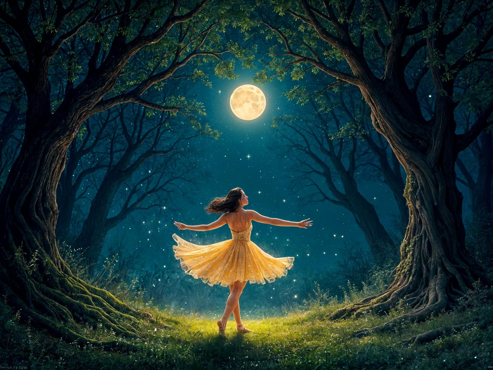 Ethereal Dancer in Moonlit Forest Clearing